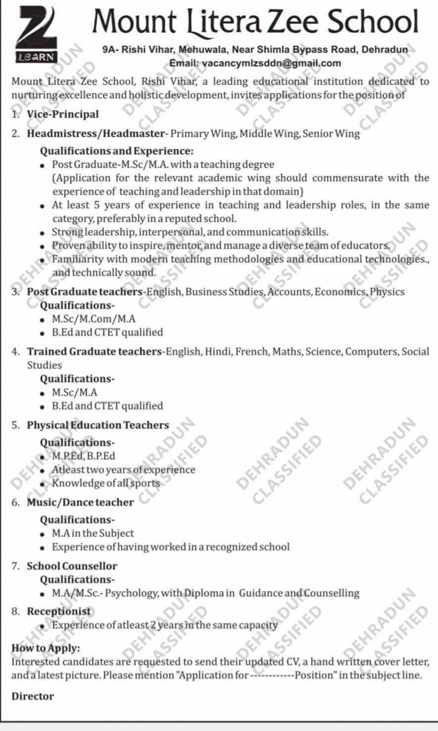 School Jobs at  Mount Litera Zee School ,  Dehradun